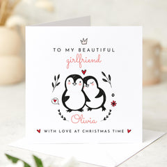 To My Beautiful Girlfriend With Love At Christmas Time Gift Card With Name And Cute Penguins Romantic Xmas Card For Girlfriend Wife Fiancee