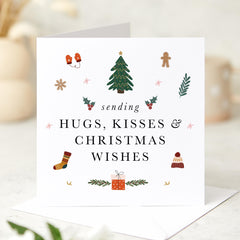 Sending Hugs Kisses Christmas Wishes Card With Cute Design Xmas Tree Card For Him Her Family Friend Mum Dad Grandma Grandad Nanny Wife Hubby