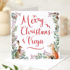 Personalised Merry Christmas Card Cute Fox And Rabbit Floral Design Xmas Cards For Him Her Friend Mum Employee Colleague Kids Nephew Niece