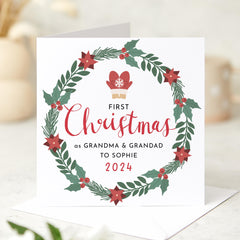 First Christmas As Grandma & Grandad Card With Grandchild Name And Cute Floral Circle Design Xmas Date Happy 1St Xmas As My Grandad Nanny