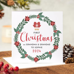 First Christmas As Grandma & Grandad Card With Grandchild Name And Cute Floral Circle Design Xmas Date Happy 1St Xmas As My Grandad Nanny