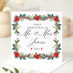 Personalised First Christmas As Mr And Mrs Last Name Card Our 1St Christmas Married Newlywed Xmas Card Floral Design