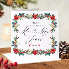 Personalised First Christmas As Mr And Mrs Last Name Card Our 1St Christmas Married Newlywed Xmas Card Floral Design