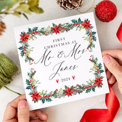 Personalised First Christmas As Mr And Mrs Last Name Card Our 1St Christmas Married Newlywed Xmas Card Floral Design