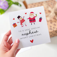 To A Very Special Nephew Merry Christmas Card With Santa Claus And Cute Snowman Design For Nephew Xmas Card