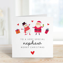 To A Very Special Nephew Merry Christmas Card With Santa Claus And Cute Snowman Design For Nephew Xmas Card