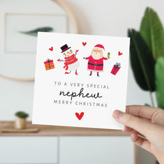 To A Very Special Nephew Merry Christmas Card With Santa Claus And Cute Snowman Design For Nephew Xmas Card