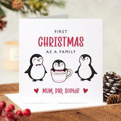 First Christmas As A Family Card Mum Dad And Baby Xmas Gift Card For Him Her Family Xmas Cute Card With Penguins Baby Name New Parents