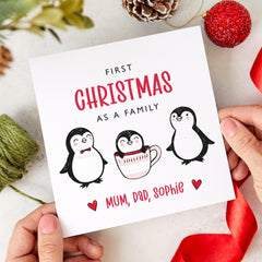 First Christmas As A Family Card Mum Dad And Baby Xmas Gift Card For Him Her Family Xmas Cute Card With Penguins Baby Name New Parents