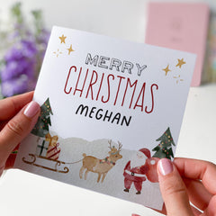 Personalised Merry Christmas Card With Santa Claus Reindeer Sleigh Xmas Gift Card For Her Him Son Daughter Nephew Niece Cousin Child Kids