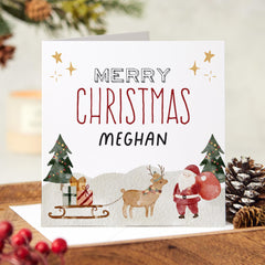 Personalised Merry Christmas Card With Santa Claus Reindeer Sleigh Xmas Gift Card For Her Him Son Daughter Nephew Niece Cousin Child Kids