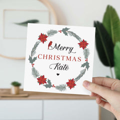 Personalised Floral Merry Christmas Card With Name For Her Him Friend Flower Wreath Cousin Grandma Mother In Law Sister-In Daughter Xmas