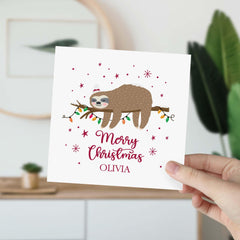 Personalised Sloth Christmas Card Cute Holiday Greeting With Festive Lights Card For Her Friend