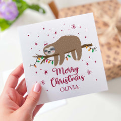 Personalised Sloth Christmas Card Cute Holiday Greeting With Festive Lights Card For Her Friend