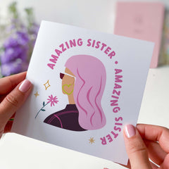 Funny Amazing Sister Card Pink Hair Design Card For Sister Christmas Card Sister's Birthday Thank You Card Cute Gift Card For Her My Sister