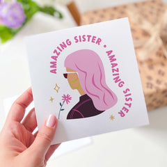 Funny Amazing Sister Card Pink Hair Design Card For Sister Christmas Card Sister's Birthday Thank You Card Cute Gift Card For Her My Sister