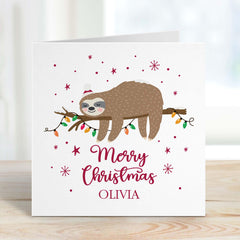 Personalised Sloth Christmas Card Cute Holiday Greeting With Festive Lights Card For Her Friend