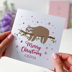 Personalised Sloth Christmas Card Cute Holiday Greeting With Festive Lights Card For Her Friend