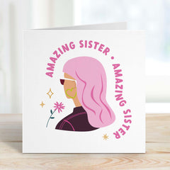 Funny Amazing Sister Card Pink Hair Design Card For Sister Christmas Card Sister's Birthday Thank You Card Cute Gift Card For Her My Sister