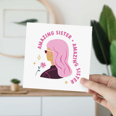 Funny Amazing Sister Card Pink Hair Design Card For Sister Christmas Card Sister's Birthday Thank You Card Cute Gift Card For Her My Sister