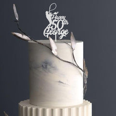 Fishing birthday wooden cake topper with name and age Personalised Fisher Decor 30th 40th 50th 60th 70th 80th Black Silver Gold Rose