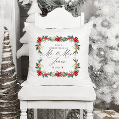 Personalised First Christmas as Mr & Mrs Cushion – Newlywed Christmas Gift with Custom Surname  Xmas home decorations