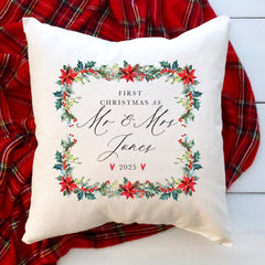 Personalised First Christmas as Mr & Mrs Cushion – Newlywed Christmas Gift with Custom Surname  Xmas home decorations