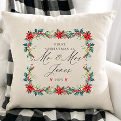 Personalised First Christmas as Mr & Mrs Cushion – Newlywed Christmas Gift with Custom Surname  Xmas home decorations