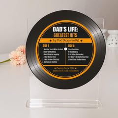 Funny Dad Vinyl Record Plaque, Personalised Father’s Day Gift, Dad Life Greatest Hits Sign, Acrylic Keepsake