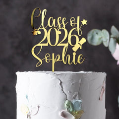Personalised Class Of 2026 Graduation Cake Topper Acrylic Mirror Gold Silver Name