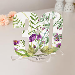 Personalised Birthday Floral Acrylic Number Sign Milestone 30th 40th 50th Age Gift Her
