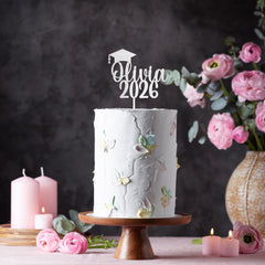 Personalised Graduation Cake Topper Name Year Wooden Rose Gold Class Of 2026