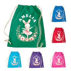 Personalised Bunny PE Bag, Girls Drawstring Gym Sack, Custom Ballerina Dance Class Gift