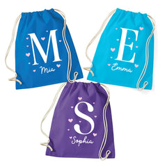 Personalised Heart Initial Drawstring PE Bag, Custom Name Cotton Gym Sack