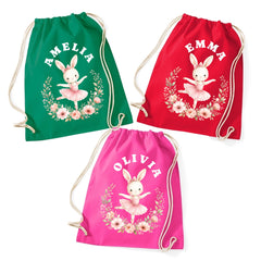 Personalised Bunny PE Bag, Girls Drawstring Gym Sack, Custom Ballerina Dance Class Gift