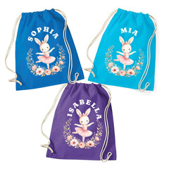 Personalised Bunny PE Bag, Girls Drawstring Gym Sack, Custom Ballerina Dance Class Gift