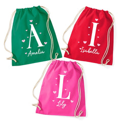 Personalised Heart Initial Drawstring PE Bag, Custom Name Cotton Gym Sack