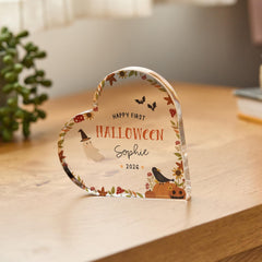 Personalised First Halloween Heart Acrylic Block, Baby’s 1st Halloween Keepsake
