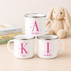 Personalised Initial Mug, Girls Custom Name Mug, Pink Heart Monogram Gift