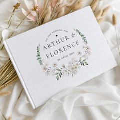 Personalised Floral Wedding Guest Book, Custom Linen Hardcover Memory Book,