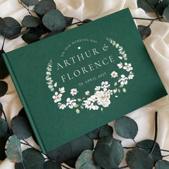 Personalised Floral Wedding Guest Book, Custom Linen Hardcover Memory Book,