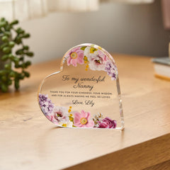Personalised Nanny Heart Acrylic Plaque Keepsake, Floral Gift for Christmas, Birthday & Mother's Day