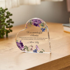 Personalised Auntie Heart Acrylic Plaque Gift, Floral Gift for Aunt, Christmas or Birthday Keepsake