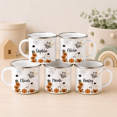 Personalised Halloween Mug, Cute Ghost Pumpkin Bat Kids Cup