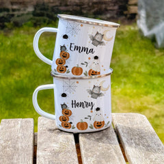 Personalised Halloween Mug, Cute Ghost Pumpkin Bat Kids Cup