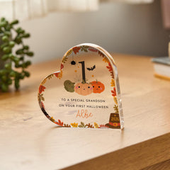 Personalised First Halloween Heart Acrylic Plaque, ANY ROLE, Baby Boy Girl 1st Halloween Gift