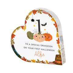 Personalised First Halloween Heart Acrylic Plaque, ANY ROLE, Baby Boy Girl 1st Halloween Gift
