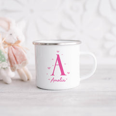 Personalised Initial Mug, Girls Custom Name Mug, Pink Heart Monogram Gift