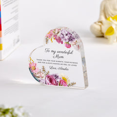 Personalised Mum Heart Keepsake, Floral Acrylic Gift for Mum, Mother's Day Christmas Birthday Gift
