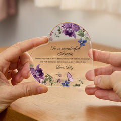 Personalised Auntie Heart Acrylic Plaque Gift, Floral Gift for Aunt, Christmas or Birthday Keepsake